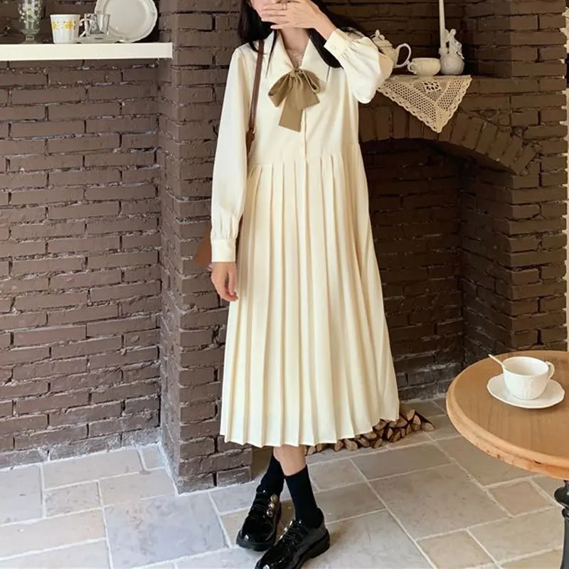 Preppy Style Polo-Neck Dresses Spring Autumn New Loose Elegant A-Line Female Clothing Commute Stylish Pleated Spliced Midi Dress