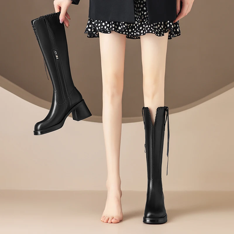 2023 Autumn winter Women knee-high boots natural leather 22-25cm cowhide+pigskin modern boots side zip thick heel knight boots