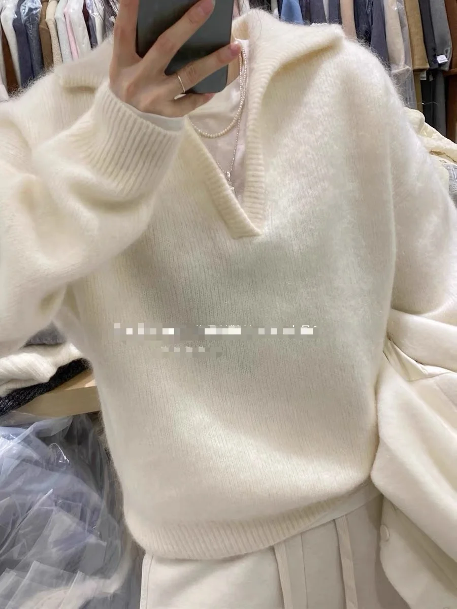 بلوفر رمادي محبوك برقبة على شكل حرف V للنساء، منتج جديد لخريف وشتاء 2025، بلوزة فضفاضة وبسيطة مع ياقة قلابة