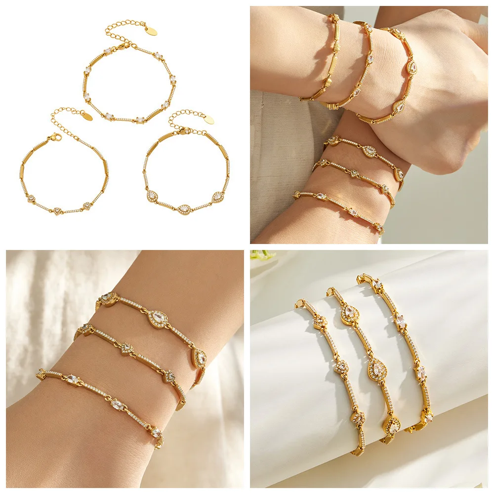 Funkelndes CZ-Armband, Edelstahl-Kettenarmband, quadratisches Herz-Tropfen-Zirkon-Armband, 18k vergoldete Armbänder für Damen – Detail 1