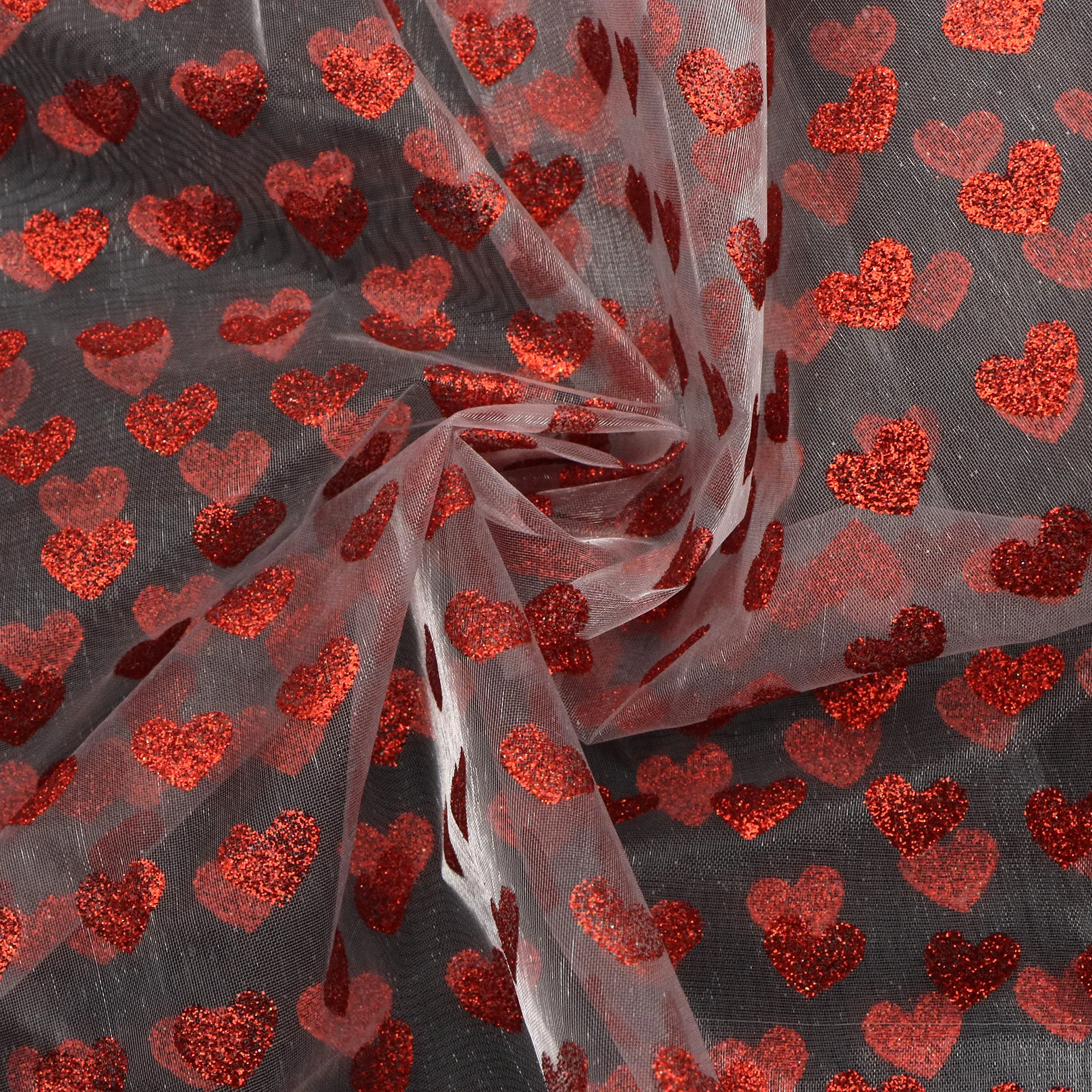 Pre-cut Valentine'S Day Glitter Heart Printed Organza Fabric, Heart Pattern 100% Polyester, Precuts, Hand Wash Only,