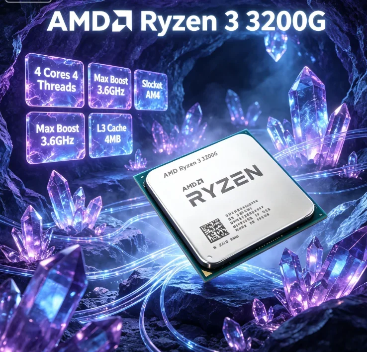 Processeur AMD R3 3200G de niveau d'entrée, 4 cœurs, 4 threads, 36 GHz de fréquence de base, 40 GHz de fréquence boost, 4 Mo de cache L3, 65 W, AM4, GPU intégré, pas besoin de carte graphique séparée