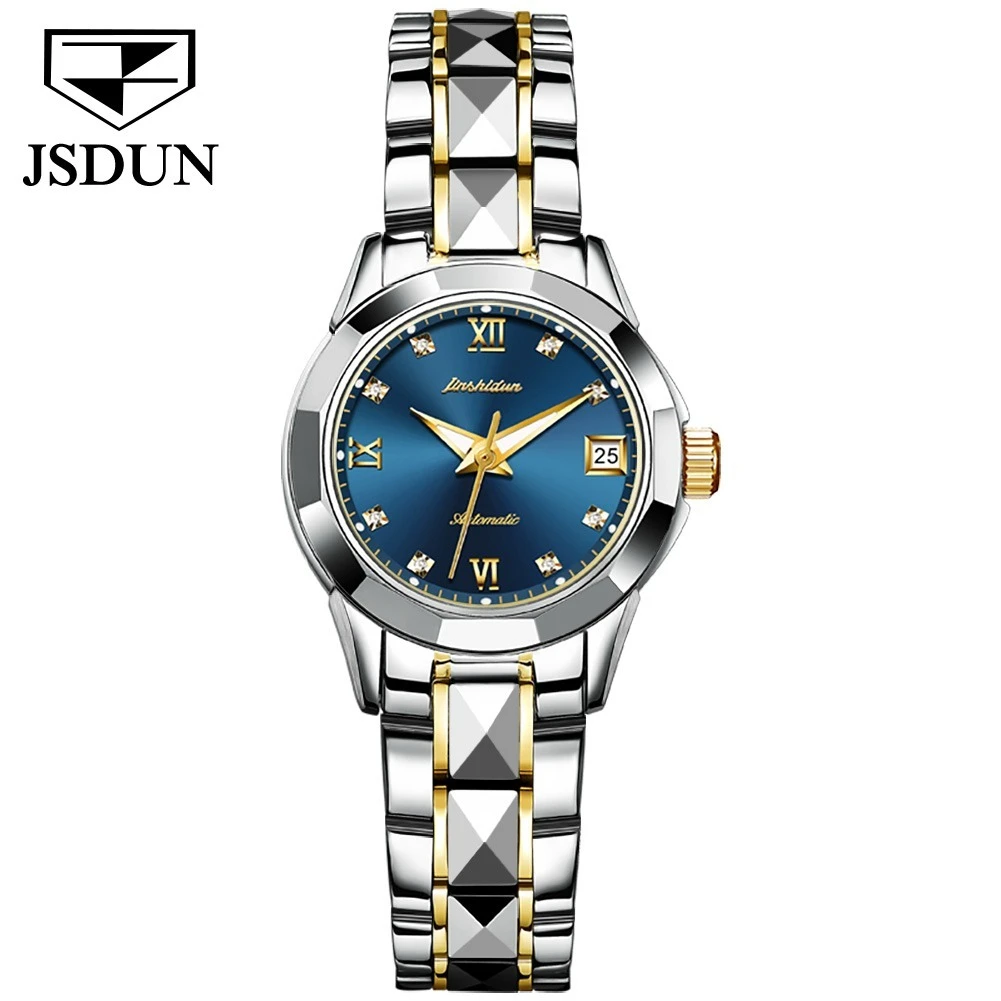 JSDUN 8813 Mechanical Business Watch Gift Round-dial Tungsten Steel Watchband Wristwatch Week Display Calendar