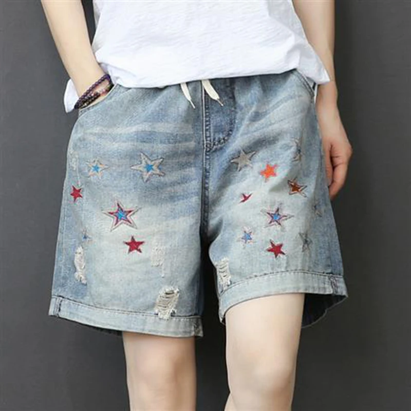 

Summer New Denim Shorts Women's Elastic High Waisted American Embroidery Shorts Ripped Hole Straight Leg Wide Leg Quarter Pants