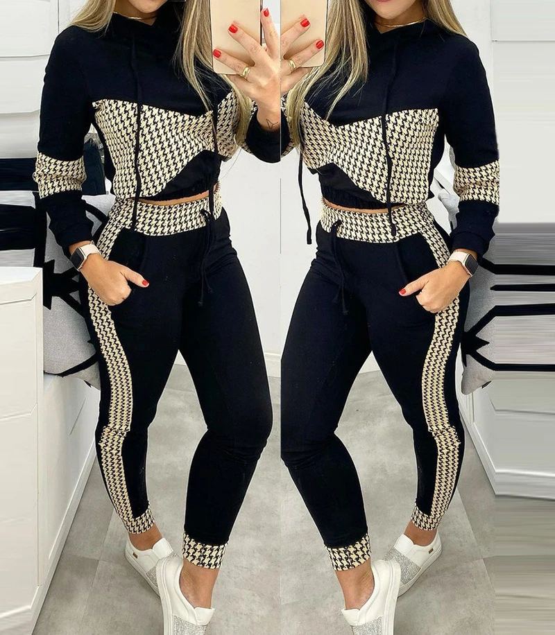 

2 Piece Set Women Outfit Fashion Print Patchwork Long Sleeved Casual Hooded Top & High Waist Pocket Pants Suit 2025 Fall New