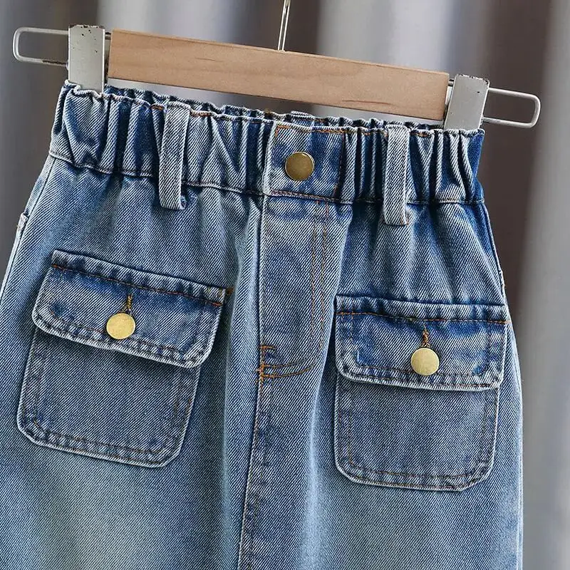 Teenage girl denim skirt summer new fashionable half skirt casual Korean version children\'s versatile long skirt