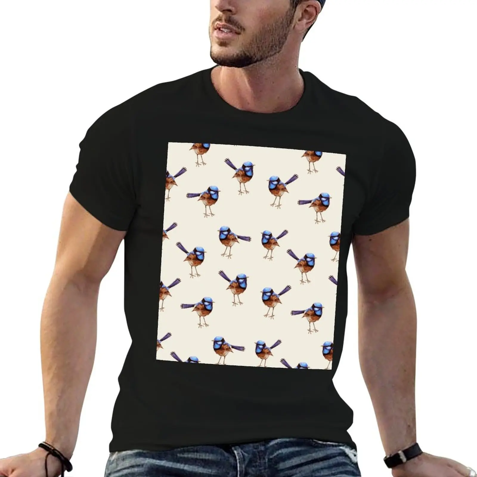 Blue Wrens on Creme T-Shirt kawaii clothes quick-drying mens graphic t-shirts big and tall