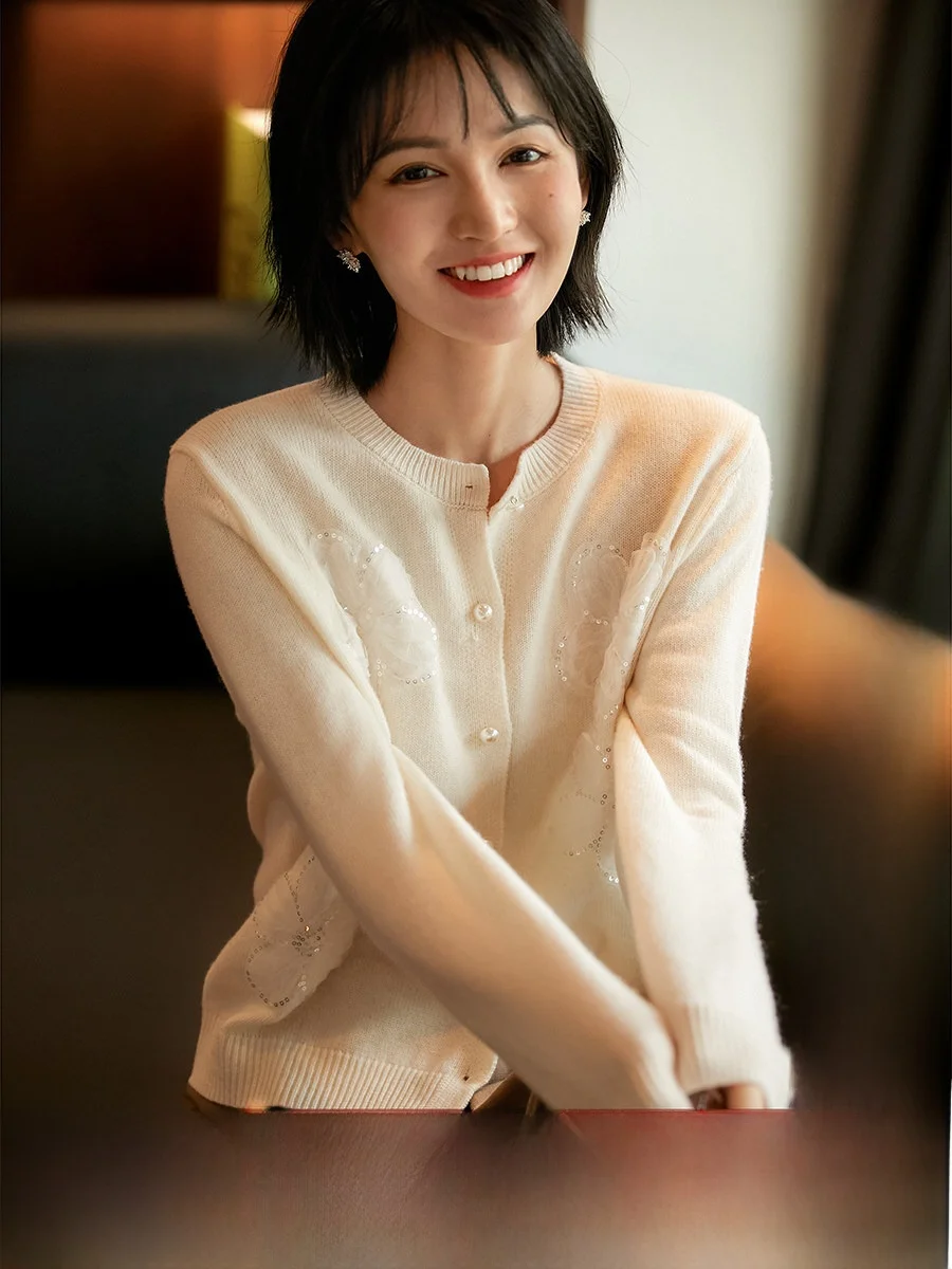 

Вязаный кардиган Lavi с цветочным принтом, шерстяной топер, круглый, с открытой передней частью, для отдыха, женский премиум-класса, весна-осень, мода