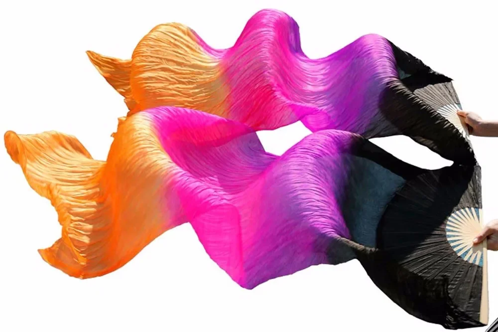 الأكثر مبيعا 100% حجاب الحرير الحقيقي 1 زوج اليدوية مصبوغ الحرير مراوح الرقص الشرقي الرقص الدعائم أسود + أرجواني + وردي + برتقالي 150/180 * 90 سم #1