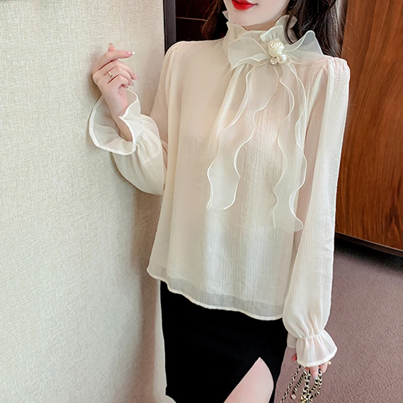 2023 Spring Autumn Basic Shirts Blouses Women Fashion Long Sleeve Elegant Office Lady Work Solid White Ruffled Chic Tops