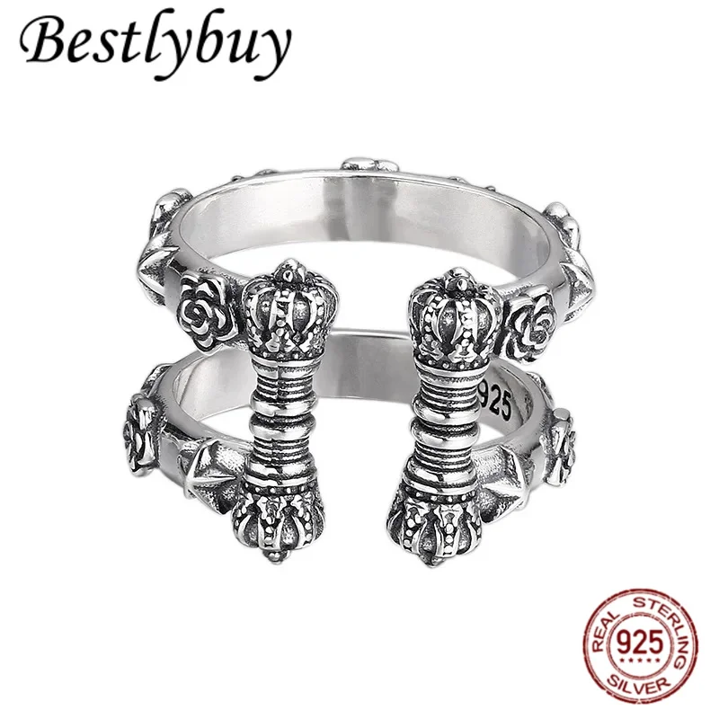 S925 Sterling Silver Rings for Men Women Retro Emboss Vajra Pestle Rose Five-Pointed Stars New Fashion Jewelry ﻿Wholesale