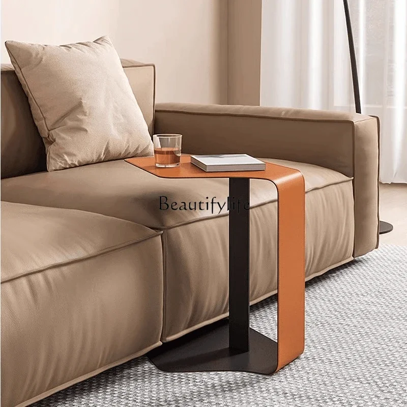 pg45Italian Light Luxury Minimalist Small Coffee Table Modern Bedside Creative Saddle Leather Sofa Irregular Corner Table