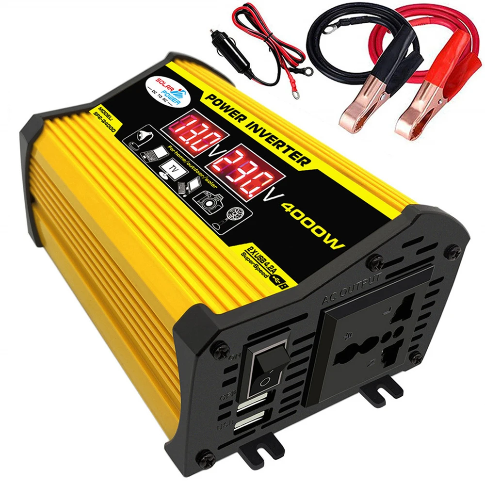 Portable Inverter Car Power Inverters DC12Volt To AC110/220Volt Transformer 4000W Modified SineWave Dual USB LED Display Auto