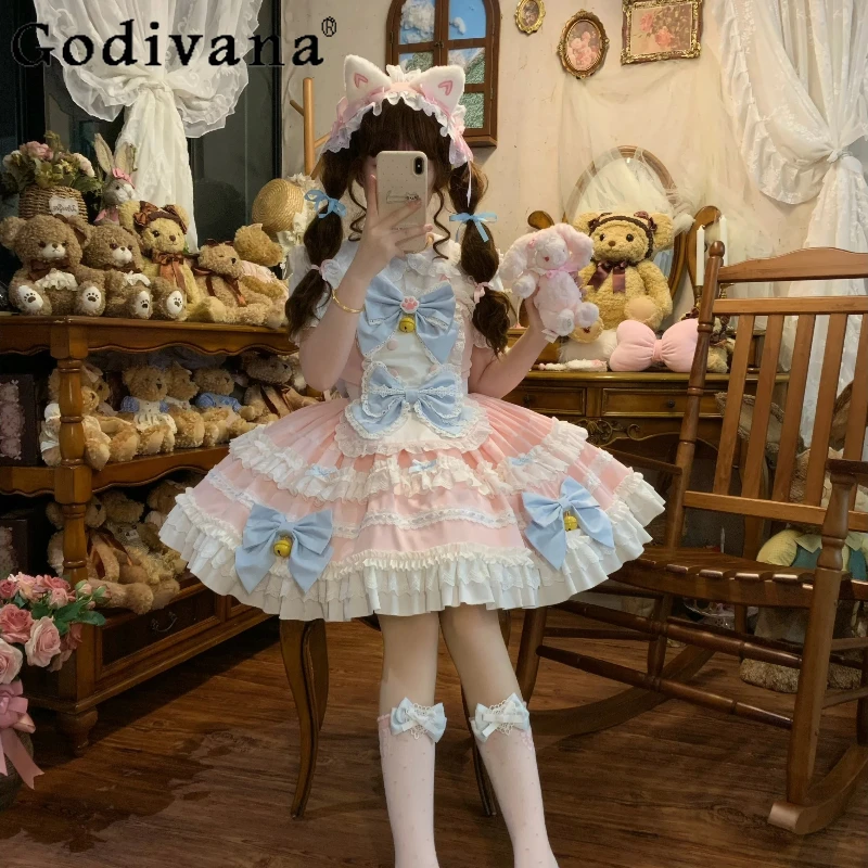 التصميم الأصلي كوس لوليتا فستان بكتافة JSK الفتاة لطيف القوس الكبير بلا أكمام فستان قصير اليابانية اليومية فساتين عيد ميلاد الأميرة #3