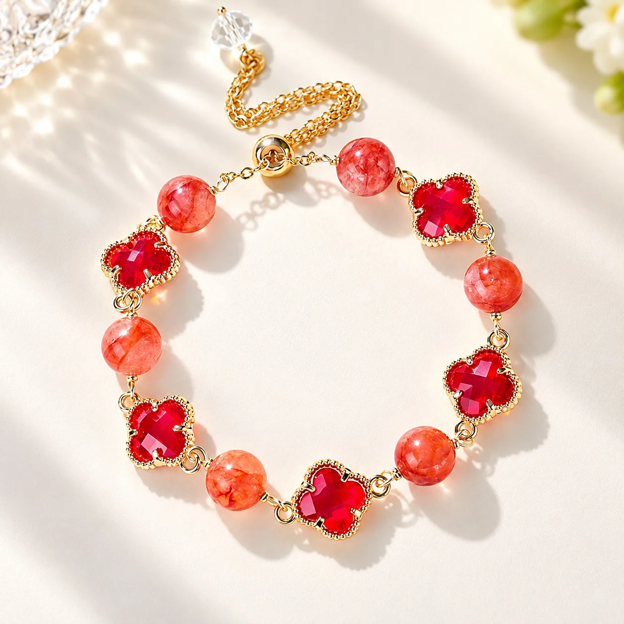 Beaded Bracelet for Women with Natural Amethyst and Natural Clear Quartz 8mm Bead Diameter Four Leaf Clover as Employee Gift