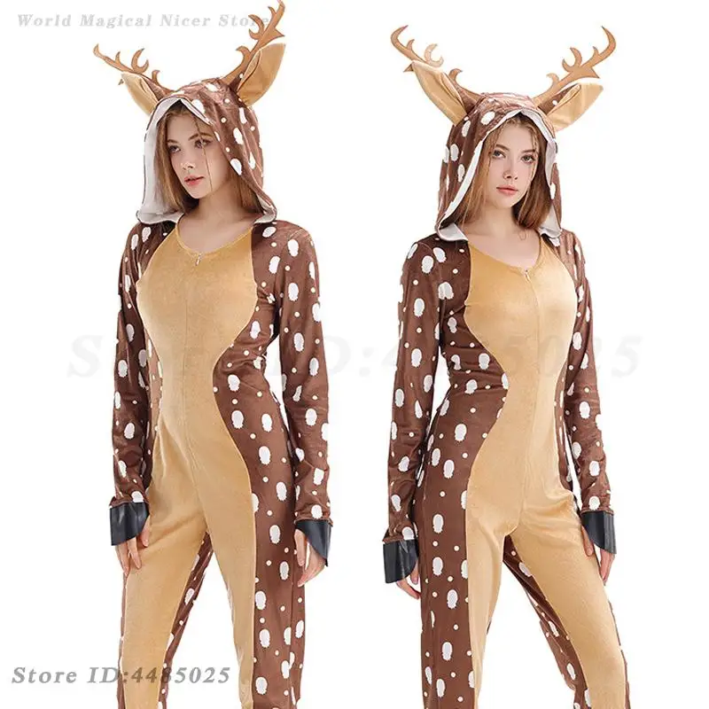 Kobiety seksowny renifer kombinezon świąteczny kostium dla dorosłych Onesie piżama boże narodzenie łoś zwierząt maskotka ubrania typu Cosplay Halloween COS kostiumy