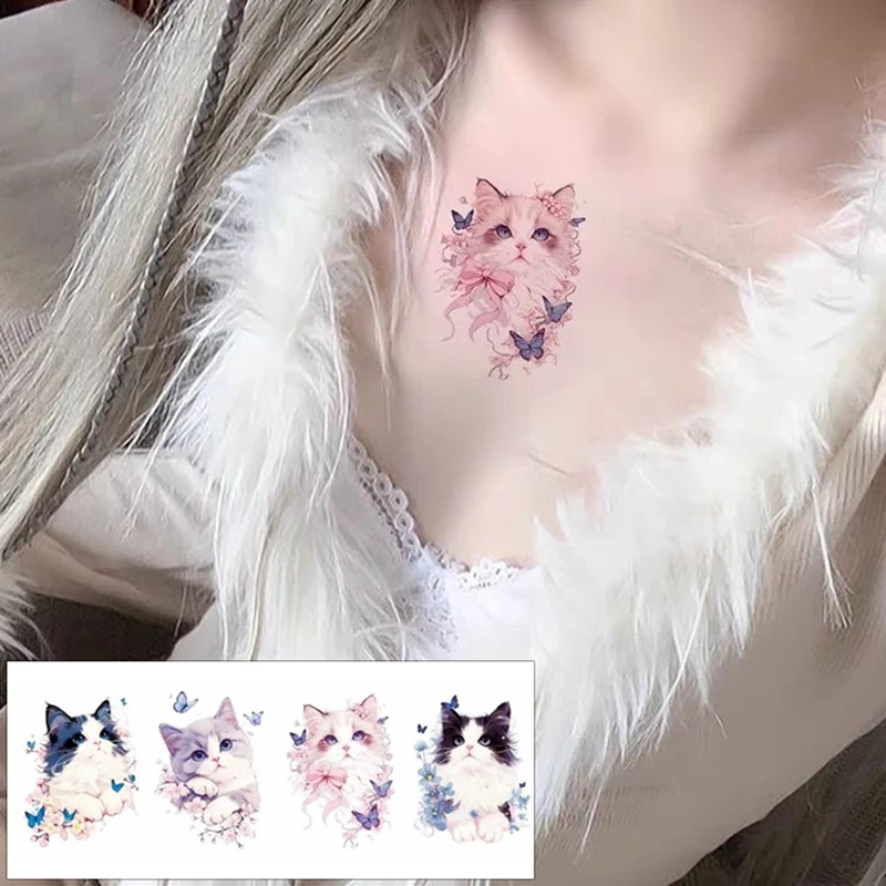 Autocollants de Tatouage Temporaire Papillon et Chat Mignon, Faux, Étanche, Durable, Ange, Bras, Dessin Animé, 4 Pièces/Lot
