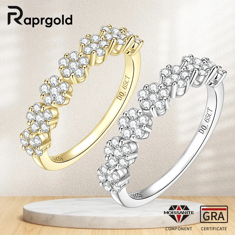 

RAPRGOLD 1.6mm&1.5mm Round Cut Moissanite Half Eternity Rings for Women 925 Sterling Silver Flowers Wedding Ring Jewelry Gifts