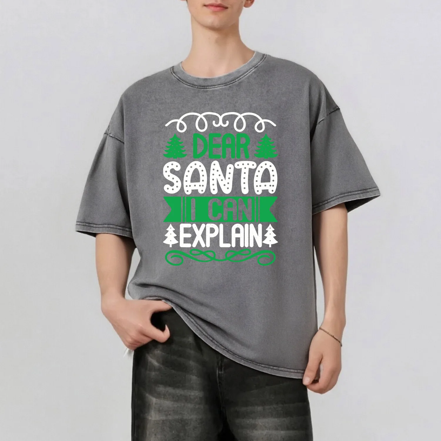 عيد الميلاد رسالة الجرافيك الطباعة الرجال الصيف ريترو ستايل غسلها المياه تي شيرت عادية قصيرة الأكمام الأساسية الرجال أعلى 230 جرام