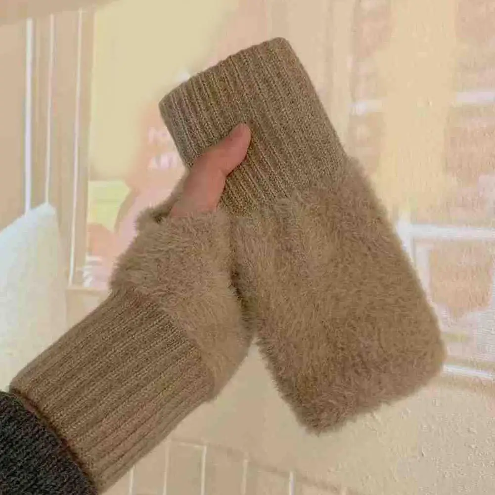 Half-finger Plush Winter Gloves Touch Screen Cold-proof  Warm Fingerless Knitted Wrist Guard Student Office Writing Work Outdoor