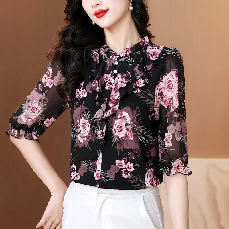 

Retro Floral Trim Short Sleeve Shirt Women's Slim Fit Fashionable Summer Mommy Style Top Buttoned Print Chiffon Garment