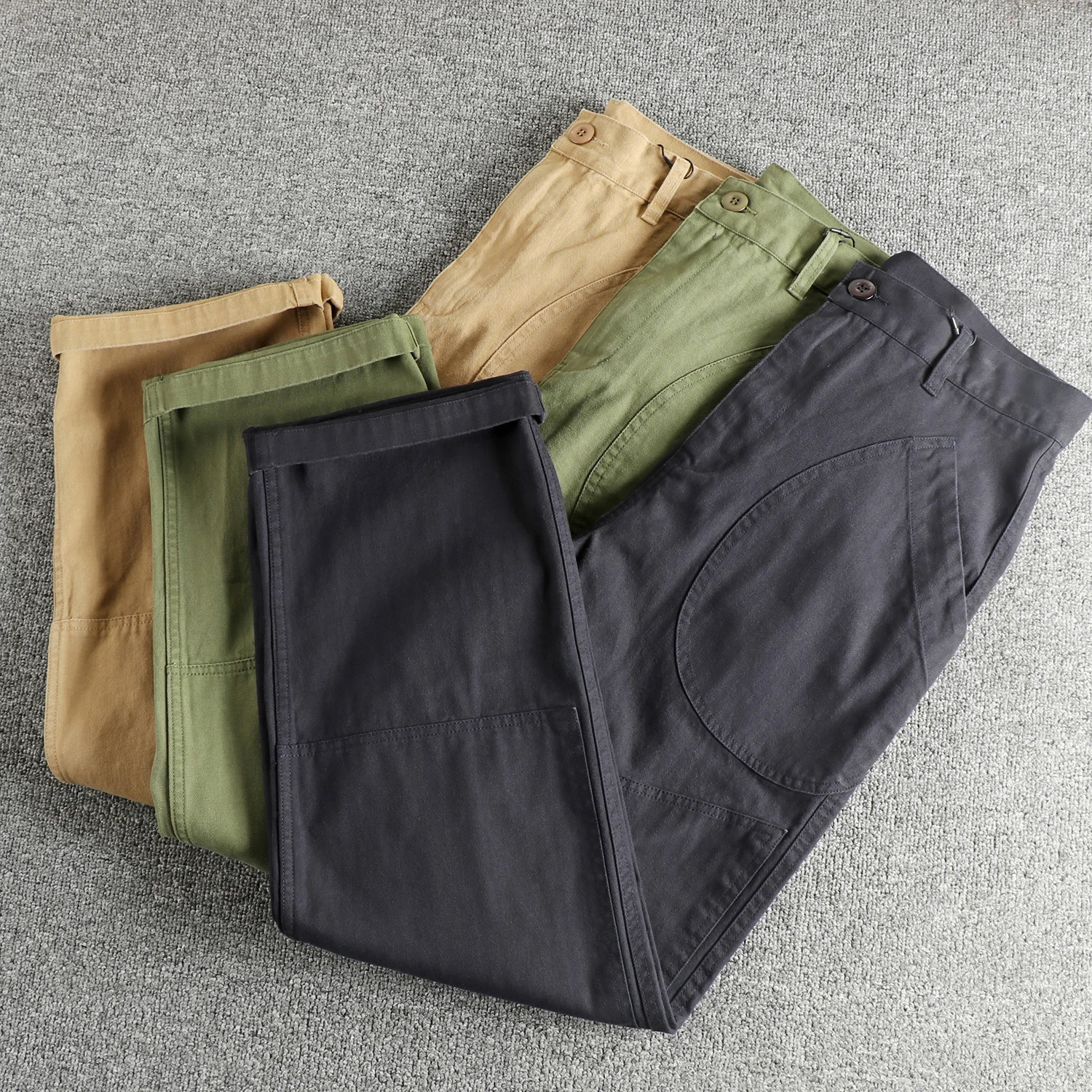 

Herringbone woven cotton design pocket Ami khaki retro men's casual pants loose straight cargo trousers