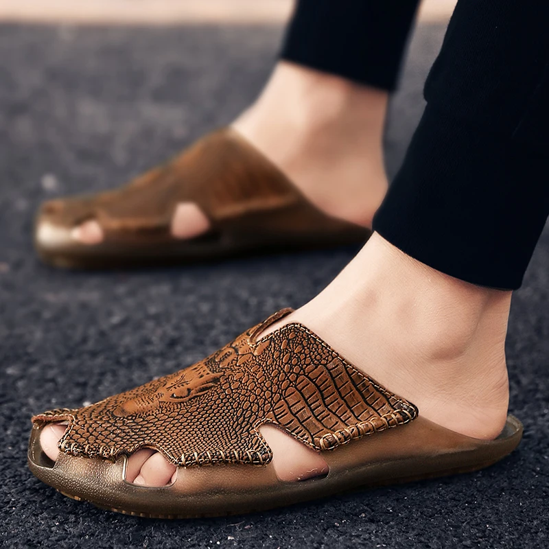 Genuine Leather Men's Slippers Crocodile Grain Style Men Flip Flops High Quality Sandals Non-slip Male Slippers Home Slippers