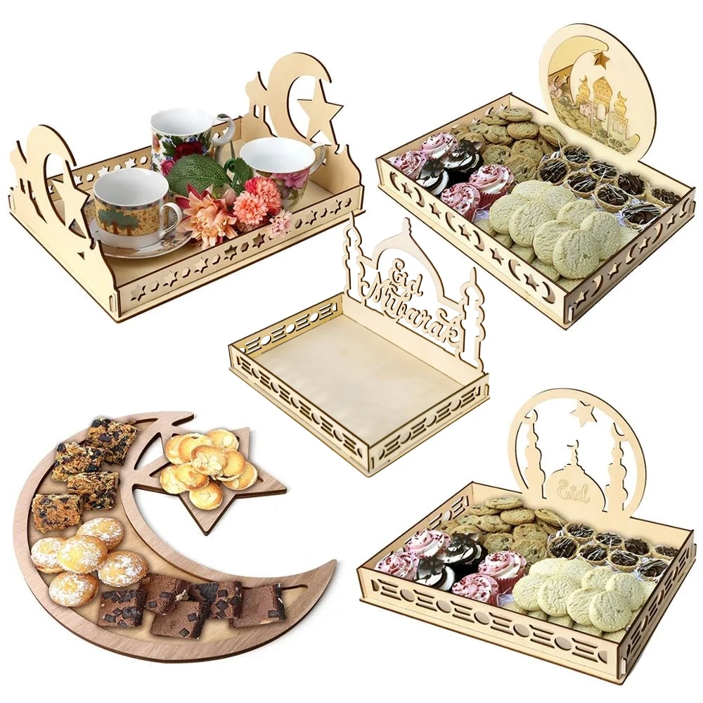 Wooden Eid Mubarak Food Tray Ramadan Decoration for Home 2025 Ramadan Kareem Islamic Muslim Party Decor Eid Aid Al Adha Gifts