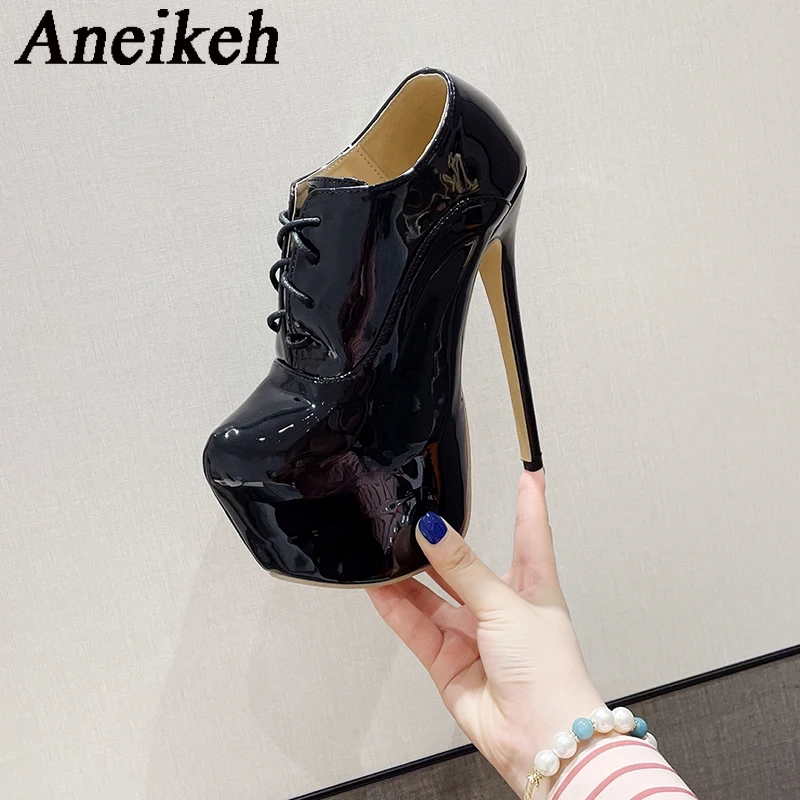 AneikehWomen\'s Patent Leather Round Head Platform Chelsea Boots 2024 Fashion Sexy Super High Heel Lace-Up AnkleBoots Party Dress