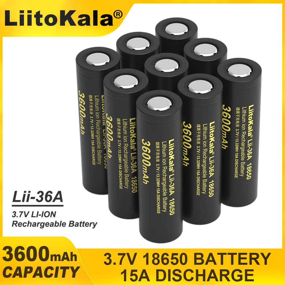 LiitoKala Lii-36A 3.7V Li-Ion 18650 Lithium Battery 3600mAh  Rechargeable Battery 15A  High Drain For Flashinglight Vaping