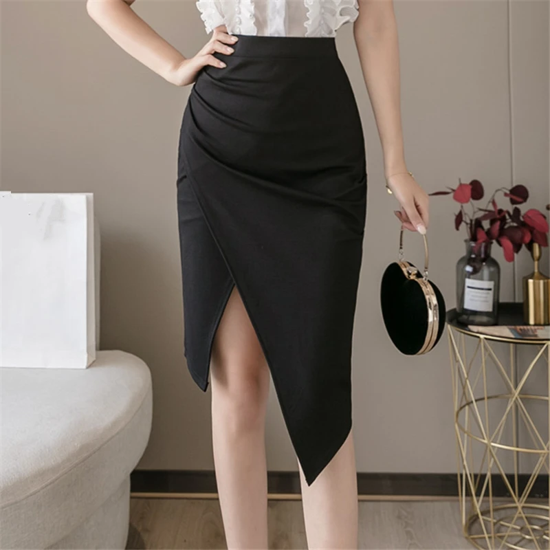 Seoulish 2024 New Black Irregular Women's Wrap Skirts Vintage High Waist Front Split Sheath Pencil Office Skirts Female