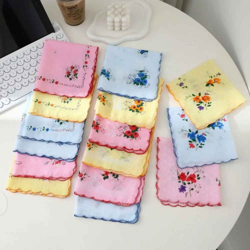 12Pcs Vintage Style Women's Printed Handkerchiefs 28x28cm Breathable Square Hand Towel Lightweight Tooth Edge Thin Sweat Towel