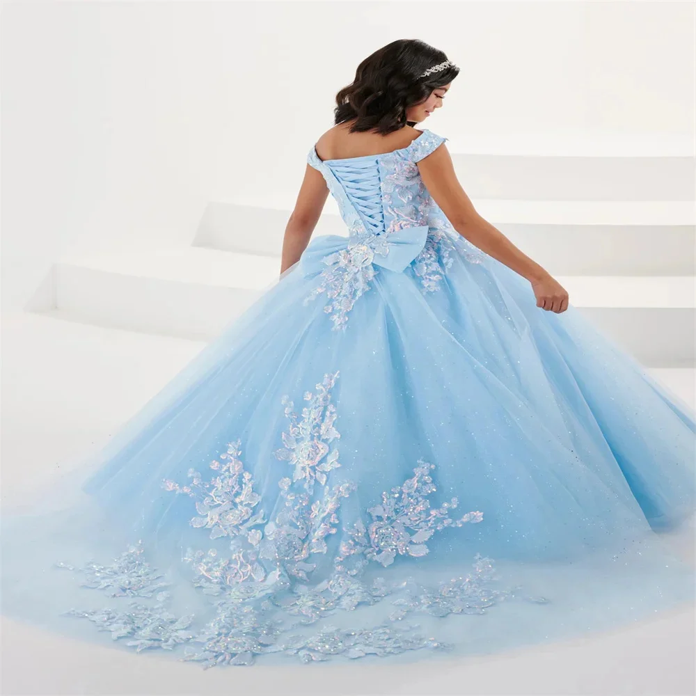 Vestido de niña de flores de encaje de tul azul cielo para apliques de boda con lazo princesa fiesta de cumpleaños vestidos de baile de primera comunión