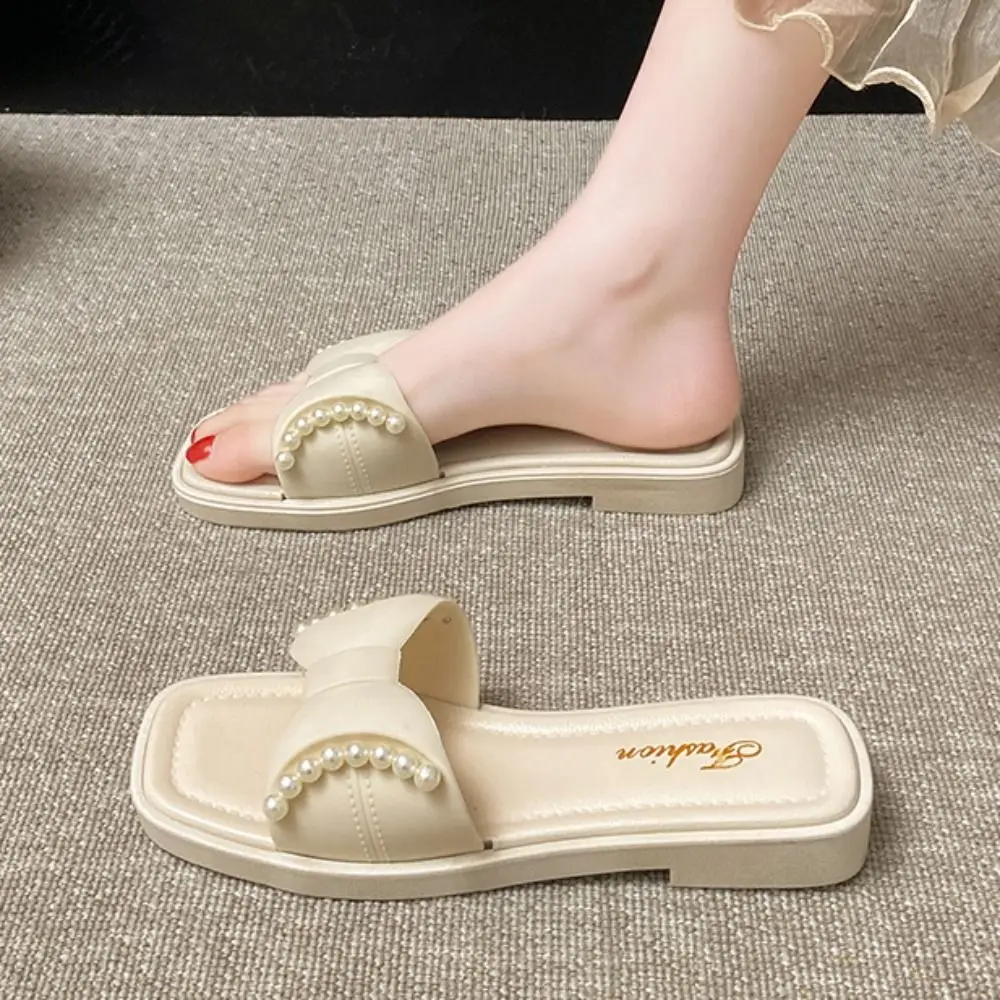 

All Match Soft Sole Bowknot Flat Slippers Anti Slip Sweet Pearl Slides Sandals PVC Shoes Low-heel Slippers Women Summer