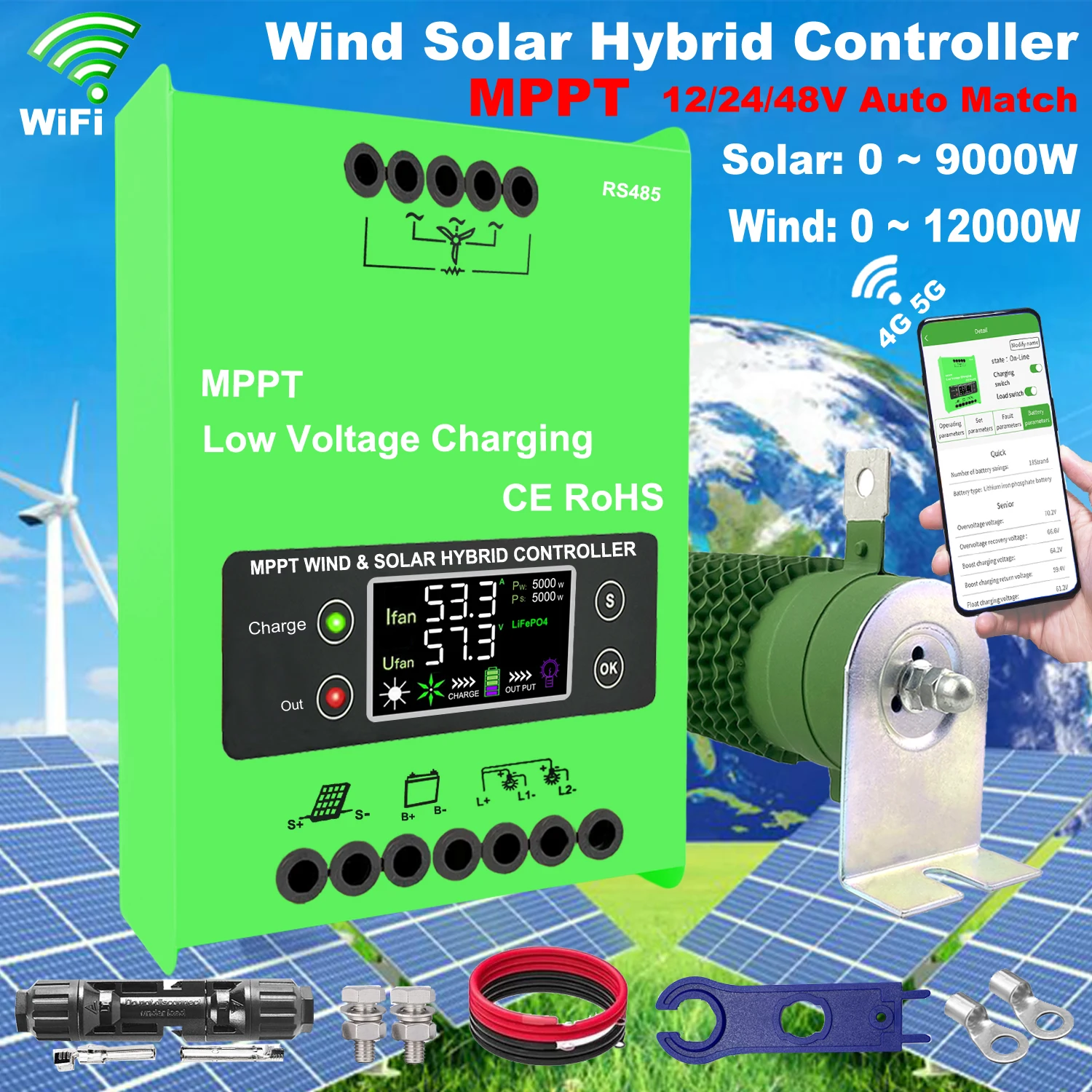 12V 24V 48V 5000W 6KW Hybrid MPPT Wind Solar Power Charge Controller 3000W AC DC Wind Turbine Generator Regulator Built in WIFI