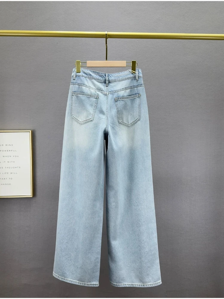 Pants Cutout Rhinestone Denim Womens Spring Summer 2026 New High Waist Loose Slimming Chic Stylish Extra Long Floor Trousers