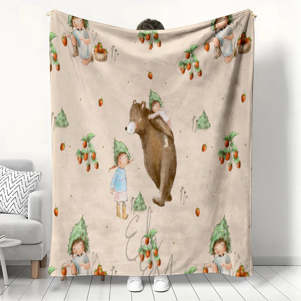 

Whimsical Bear & Girl Watercolor Fleece Blanket Spring Forest Berry Print Throw Blanket for Spring Kids’ Home Decor & Fairy-Tale