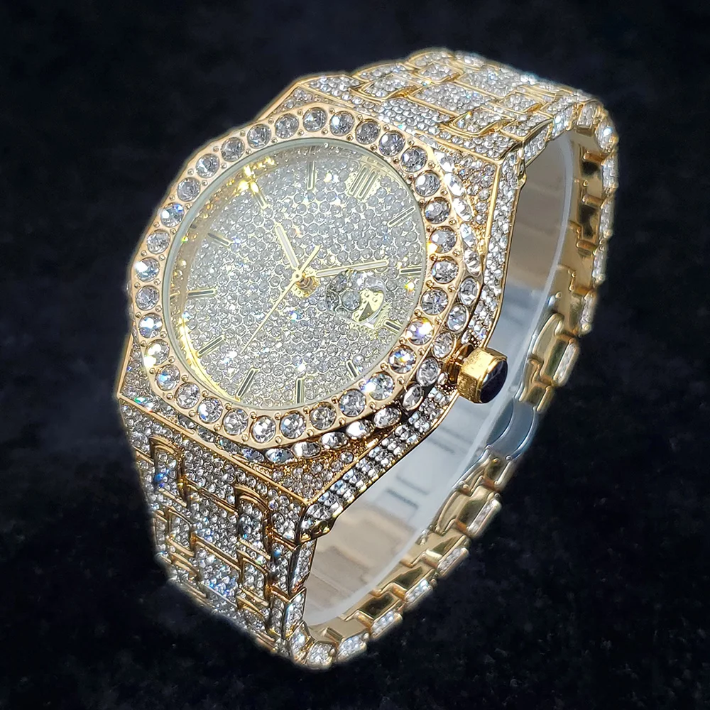 Luxury Diamond Gold Watches for Men Famous Brand Fashion Iced Out Quartz Wristwatch Shiny Stainless Steel Hip Hop Style Watch