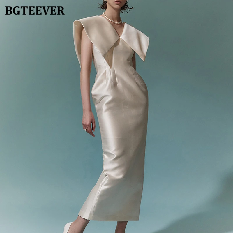 BGTEEVER élégant revers femmes paquet robe de hanche printemps été mode taille mince sans manches dames robe moulante