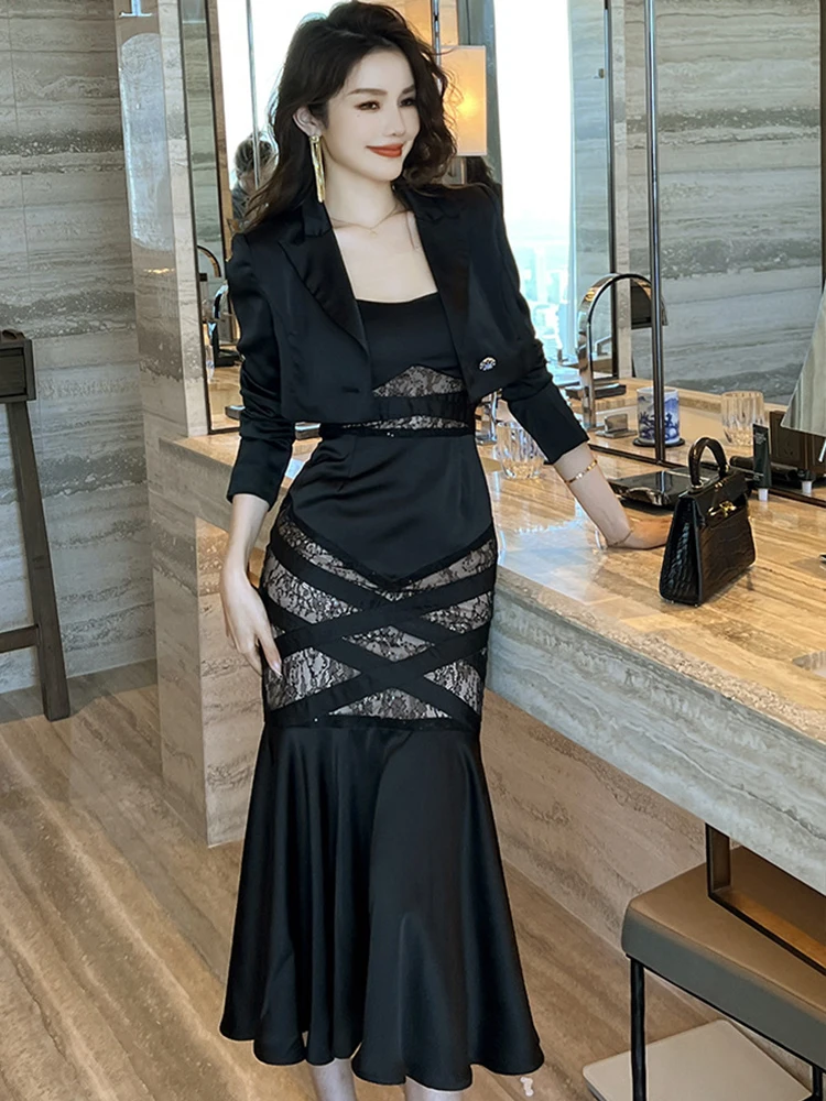 Spring Elegant 2 Pieces Set for Women 2023 Satin Lace Patchwork Black Single Button Short Jackets Slip Strap Mermaid Long Dress