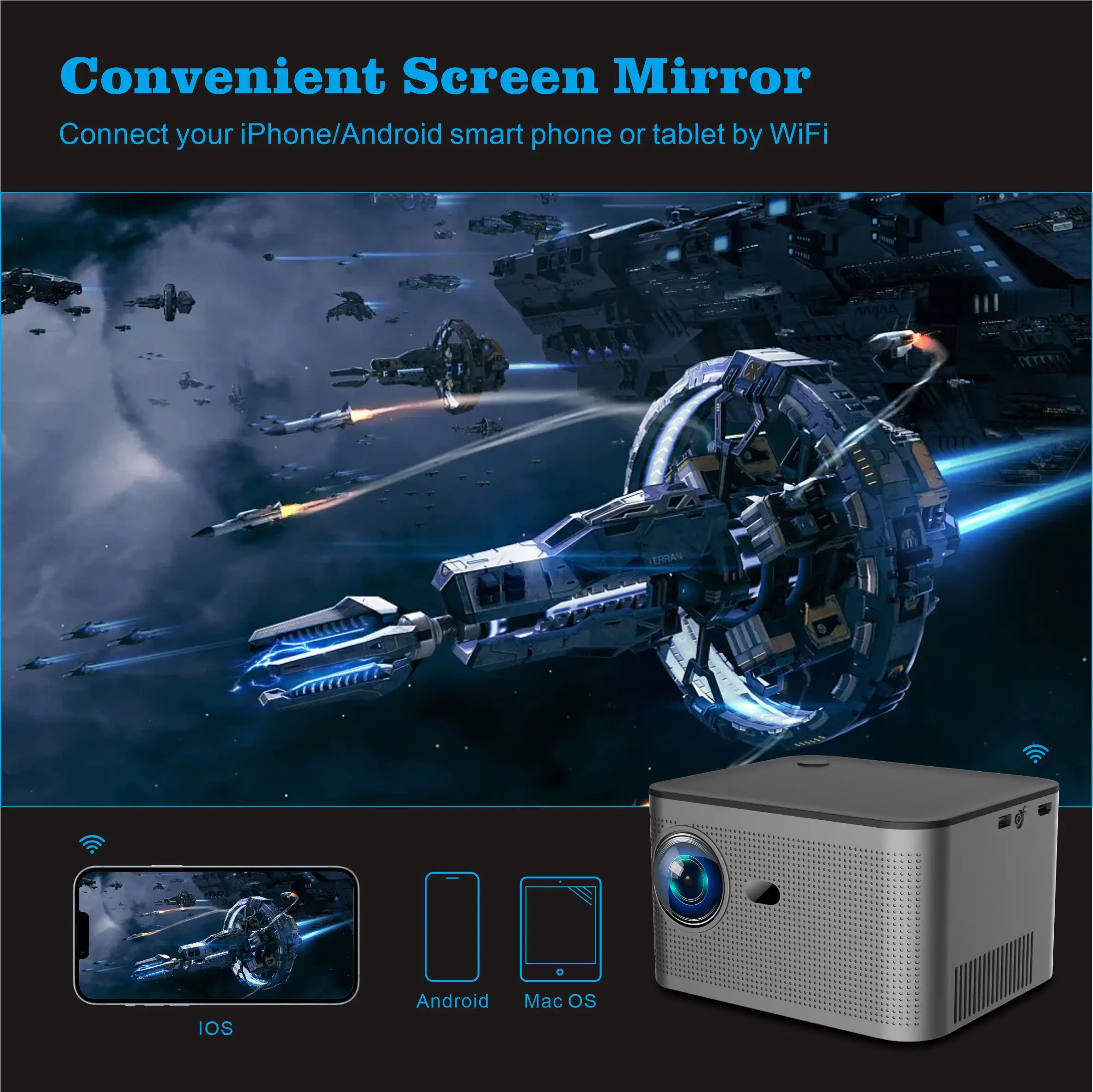 Hot Sell Projector HY350 Android11 Full HD 1080P Voice Control Dual Wifi 350ANSI Allwinner H713 Mini Portable Projector