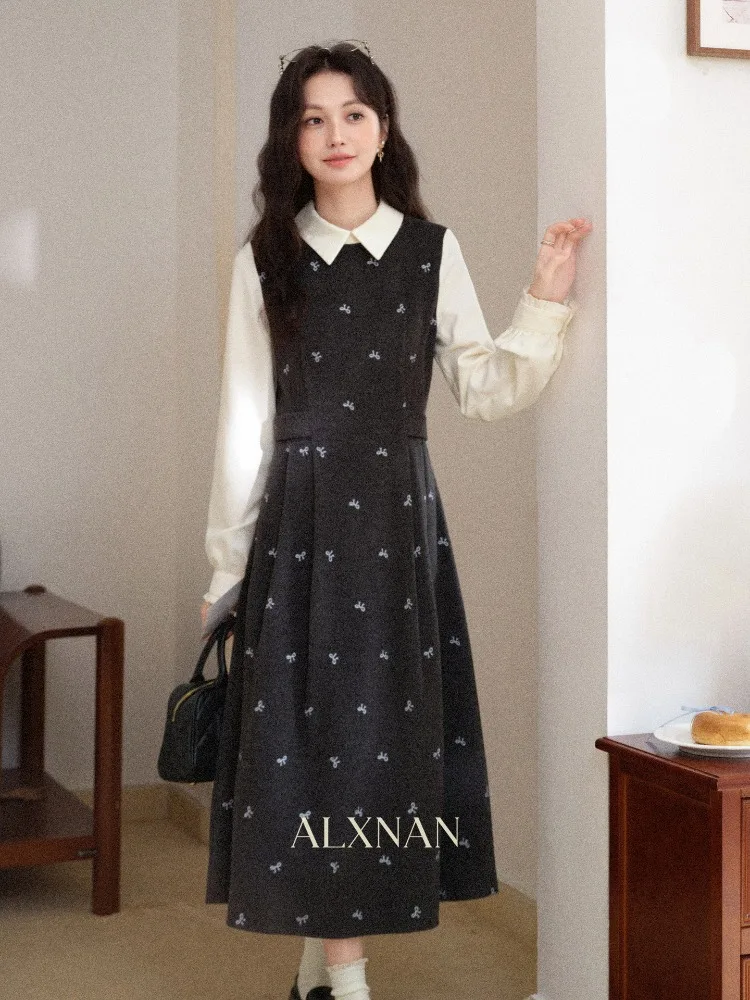

ALXNAN Gray Two-Piece Long Sleeve Winter Midi Dress for Women Elegant Autumn 2025 Fashion Casual Bow Embroidery Dress DYL662225