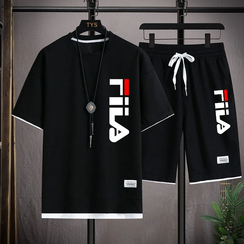 

Летний мужской спортивный костюм 2026: комплект из футболки и шорт, вафельный трикотаж, модный, с коротким рукавом, свободный крой, две части