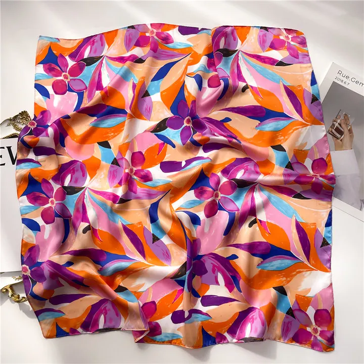 2024 Fashion Luxury Floral Print Square Silk Scarf for Women Hijab Hair Bands Neckerchief Female Satin Shawl Ribbon Headband