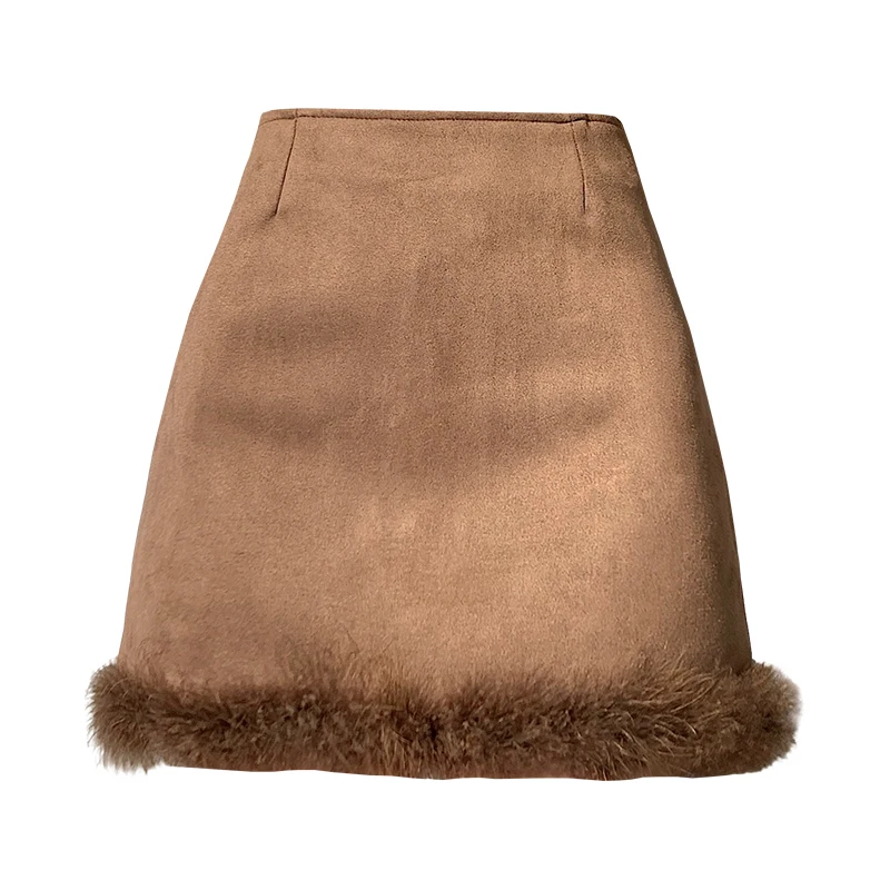 Retro Pittig Meisje Herten Huid Fluwelen Herfst Winter Nieuwe Sle A-lijn Rok Wrap Body f-lengte Rok Hoge Taille ort Rok