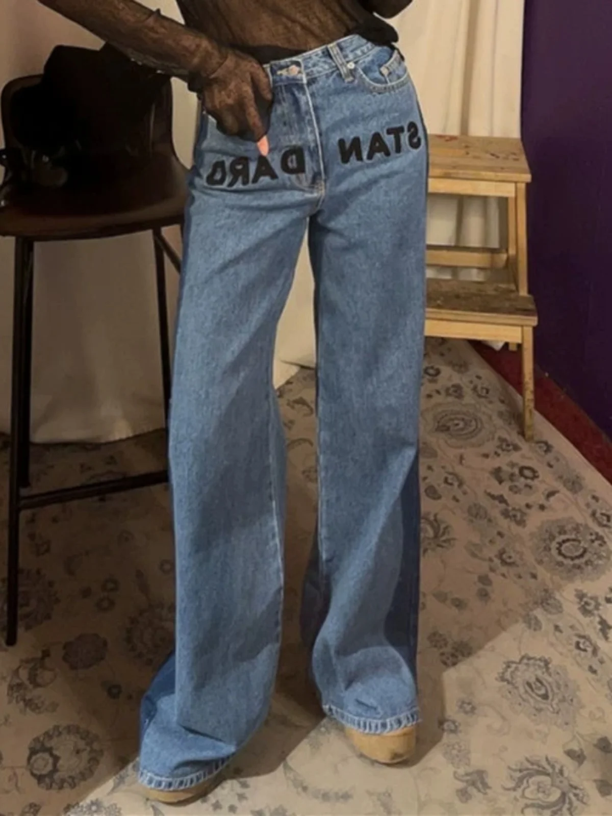 Retro Waed Vita alta Colore laterale Blo Jeans lunghi micro svasati dritti larghi Pantaloni in denim ricamati da donna Blu alla moda