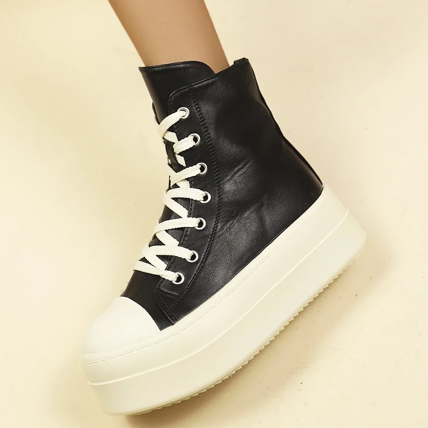 

Autumn Women Ankle Boots 6cm Platform Leather Boots Lace-up Short Thick Sole Modern Boots Female Casual High-top Shoes 35-42