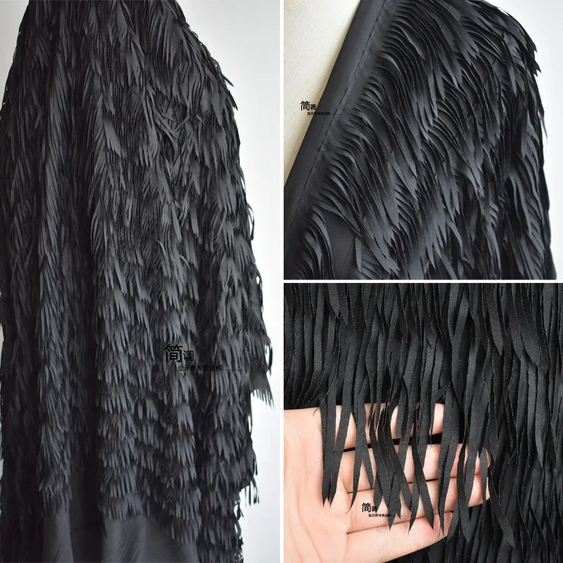 

Black Cut Tassel Mesh Fabric Burnt Three-dimensional Stripe Feather Lace Trim Handmade Dress Dress DIY Sewing Wholesale Fabrics