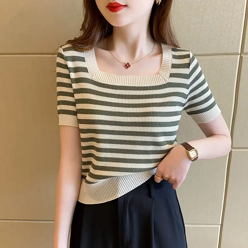 Square Collar T-shirts Women Korean Fashion Knit Tops Harajuku Y2k Clothes Summer Футболка Женский Slim Elastic Soft Striped Ins