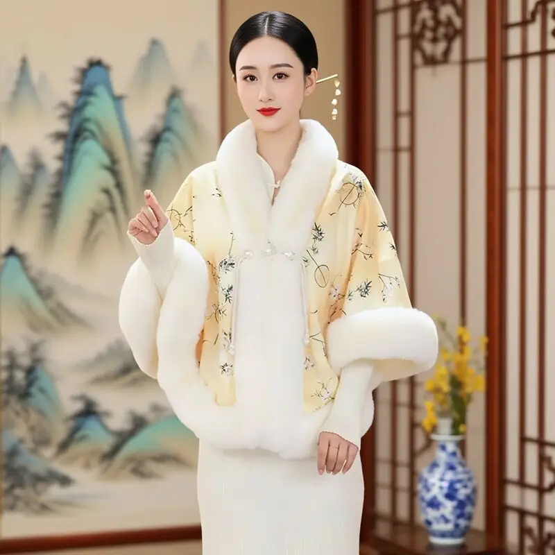 Elegant Chinese Style Floral Print Faux Fur Cape Women Winter Knit Jacquard Shawl Coat Fleece Edge Cloak Thicken Button Poncho